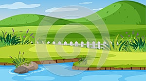 Nature scene with small hills and river
