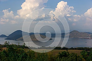 Nature scene of Srinagarind Dam with cloudy sky at kanchanaburi ,Thailand