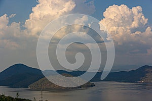 Nature scene of Srinagarind Dam with cloudy sky at kanchanaburi ,Thailand