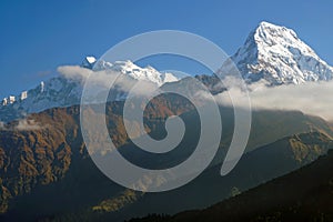 Nature Scene of Top of Mt. Machapuchare is a mountain in the Annapurna Himalayas of north central Nepal seen from Poon Hill, Nepal