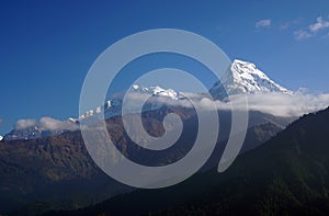 Nature Scene of Top of Mt. Machapuchare is a mountain in the Annapurna Himalayas of north central Nepal seen from Poon Hill, Nepal