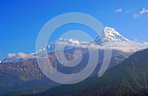 Nature Scene of Top of Mt. Machapuchare is a mountain in the Annapurna Himalayas of north central Nepal seen from Poon Hill, Nepal