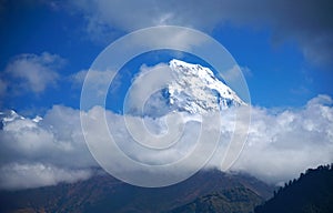 Nature Scene of Top of Mt. Machapuchare is a mountain in the Annapurna Himalayas of north central Nepal seen from Poon Hill, Nepal
