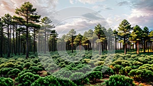 Nature scenery the trees in the pine forest on a clear summer daylight with green grass pattern