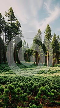 Nature scenery the trees in the pine forest on a clear summer daylight with green grass pattern