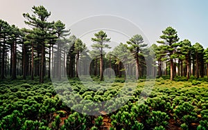 Nature scenery the trees in the pine forest on a clear summer daylight with green grass pattern