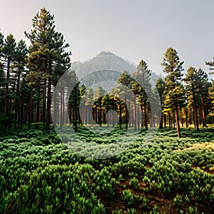 Nature scenery the trees in the pine forest on a clear summer daylight with green grass pattern