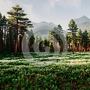 Nature scenery the trees in the pine forest on a clear summer daylight with green grass pattern