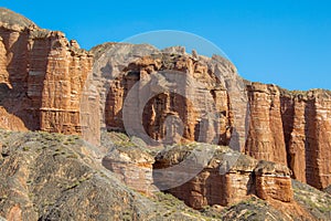 Nature Sculptures in Binggou Danxia Canyon Landform in Zhangye, Sunan Region, Gansu Province, China. Red Sandstone Rocks
