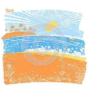 Nature sea background with palm island and blue sky.VEctor abstract seascape