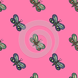 Nature seamless pattern with green botanic printed butterfly shapes print. Pink bright background