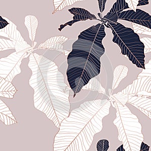 Nature seamless pattern. Hand drawn abstract tropical summer background: palm tree leaves in silhouette, line art.