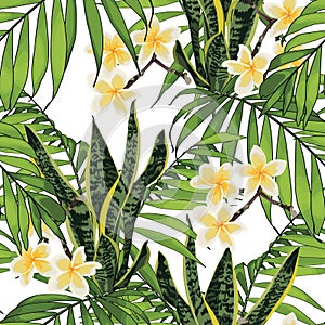 Nature seamless pattern. Hand drawn tropical summer background: bright green palm tree leaves and plumeria flowers.