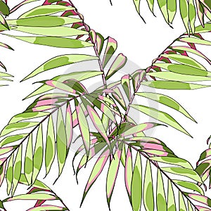 Nature seamless pattern. Hand drawn tropical summer background: bright green pank palm tree leaves.