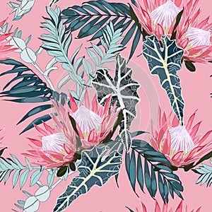 Nature seamless pattern. Hand drawn tropical summer background: exotic blue leaves and pink protea flowers.