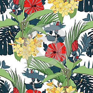 Nature seamless pattern. Hand drawn tropical summer background: monstera and palm tree leaves, plumeria and red hibiscus flowers.