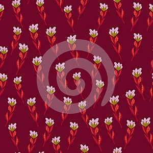Nature seamless pattern with little decorative flowers elements. Pink, red, maroon shapes. Hand drawn srtyle