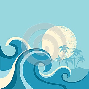 Nature seascape poster with sea waves and sun.Vector blue illustration