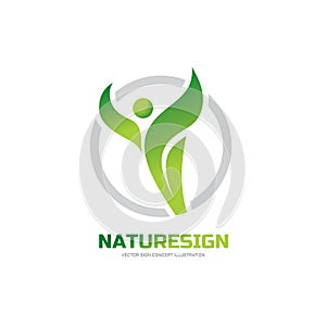 Nature sign - vector logo concept illustration. Abstract human character and green leaves. Health symbol