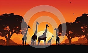 nature silhouette africa elephant wild animal sunset giraffe safari wildlife. Generative AI.