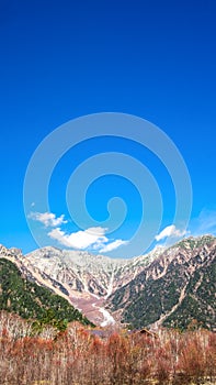 Nature snow mountain leaves change color in fall season and clear blue sky background at kamikochi national park