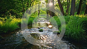 nature sounds, the serene trickle of a stream flowing through a vibrant forest creates a calming backdrop for relaxation