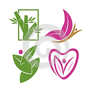 Nature spa logo Bamboo love leaf Design Icon vector Template set