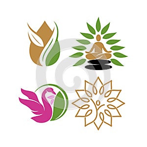 Nature spa logo Swan Yoga Leaf Design Icon vector Template set