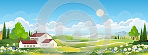 Nature Spring landscape village,Country house,Green Field with Cloud, Blue Sky,Vector horizon Natural rural Countryside with