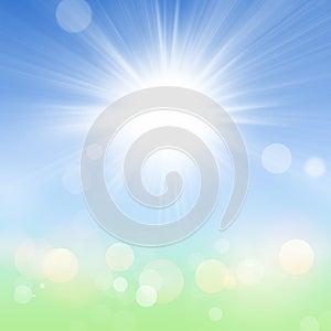 Nature Spring Summer Sun Background with Blue Sky and Green Grass