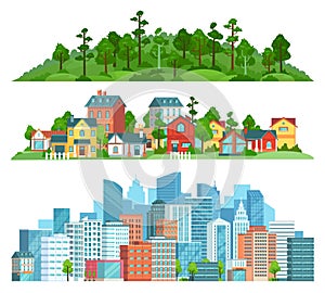 Nature, suburban landscape and cityscape isolated illustration set