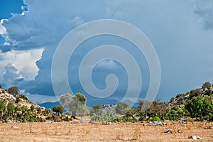 Nature summer background with blue sky, mountain hill and trees