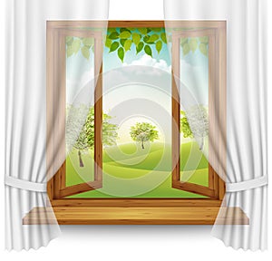 Nature summer background with wooden window frame