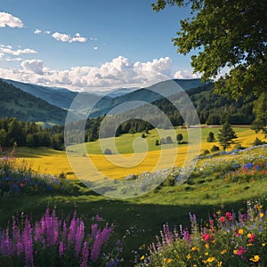 nature, summer landscape in carpathian mountains, wildflowers and meadow, spruces on hills, beautiful cloudy