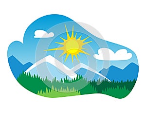 Nature sun icon. Colorful summer landscape isolated for template emblem. Ecological or nature symbol on white. Sunny