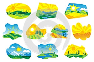 Nature sun icon set. Colorful summer landscape isolated for template emblem. Ecological or nature symbol on white. Sunny