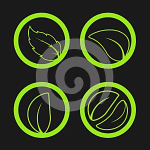 Nature symbols with leaf, simple circles, circular green eco labels