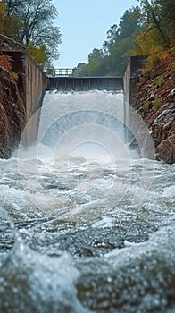Nature and technology River construction with spillway, concrete engineering, and water
