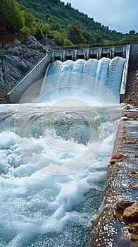 Nature and technology River construction with spillway, concrete engineering, and water