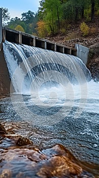 Nature and technology River construction with spillway, concrete engineering, and water