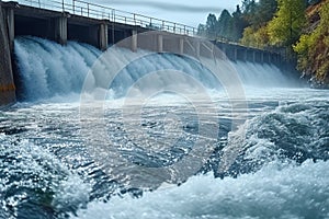 Nature and technology River construction with spillway, concrete engineering, and water