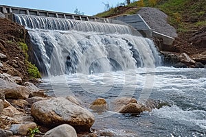 Nature and technology River construction with spillway, concrete engineering, and water