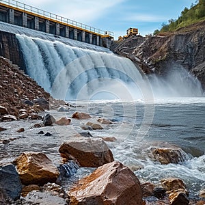 Nature and technology River construction with spillway, concrete engineering, and water