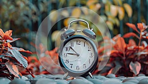 Nature themed alarm clock marking end of daylight saving time from summer to fall