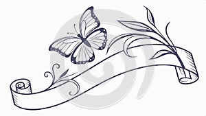 Ribbon banner with butterfly, decorative scroll, nature vector design Generative AI photo