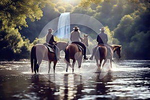 On Nature Trail - Horseback Riders in River with Waterfall, created with Generative AI technology