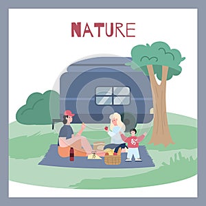 Nature travel with family and friends banner or card, flat vector illustration.