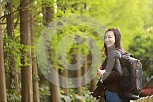 Nature travel photographer woman with Sunshine at spring