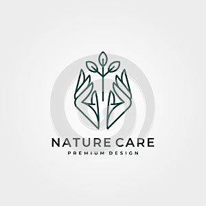 Nature tree care logo vector design, line art hand and tree logo vector symbol illustration design