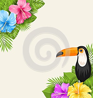 Nature Tropical Background with Toucan, Hibiscus Flowers and Palm Leaves